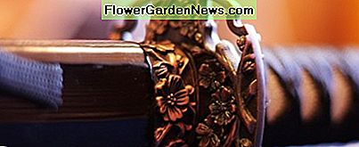 Ein verzierter Griff und eine Scheide auf einem japanischen katana. An ornate hilt and scabbard on a Japanese katana.