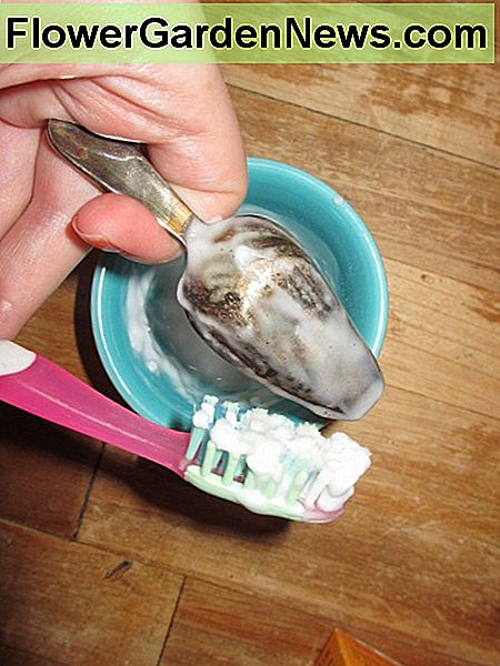 ล้างรายการเงินอย่างอ่อนโยนด้วยแปรงสีฟันเก่าหรือผ้านุ่ม ๆ Scrub the silver item gently with an old toothbrush or soft cloth.