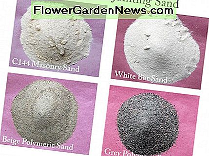 Alternative Fugensande (im Uhrzeigersinn von oben links) sind C144-Mason-Sand, weißer Barren-Sand, grauer polymerer Sand und beige-polymerer Sand. Alternative jointing sands (clockwise from top left) include C144 mason sand, white bar sand, grey polymeric sand and beige polymeric sand.