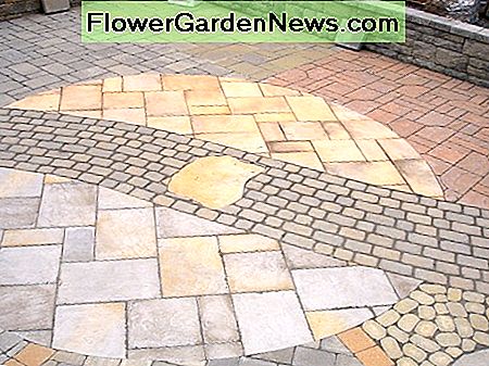 Polymerischer Sand zwischen einer Mischung von Fertigerformen und -größen. Polymeric sand between a medley of paver shapes & sizes.