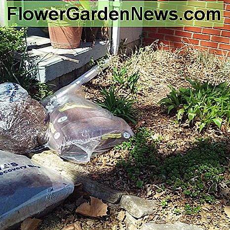 คลุมด้วยหญ้าคลุมด้วยหญ้าคลุมเตียง Bags of mulch ready for mulching the flower beds