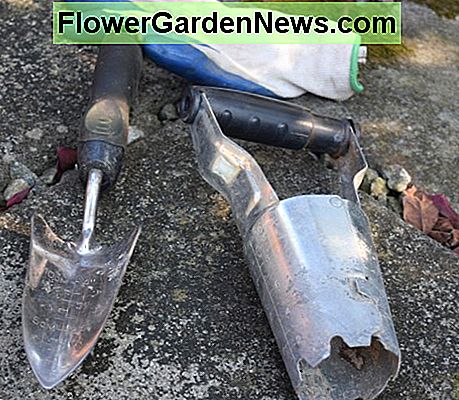 Unterhalb des Handschuhs sind Werkzeuge zu benutzen (von links): schmale kleine Schaufel, Blumenkübel. Below the glove are tools to use (from left): narrow small shovel, bulb planter.
