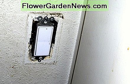 Skiltet fjernes, utsetter de to skruene, en pÄ toppen og bunnen, som holder bryteren i boksen bak den. Faceplate removed, exposing the two screws, one on top and bottom, that hold the switch to the box behind it.