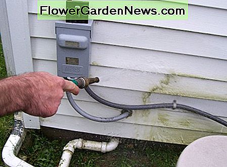 Mens du er på det, gi et par skudd til det gressfargede siding hvor du luker. Pensle det litt og spray deretter ... se på det grønne forsvinne. While you're at it, give a couple shots to that grass stained siding where you weed whack. Brush it a little bit and then spray...look at that green disappear.