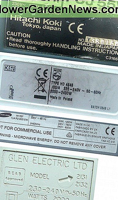 Typische Elektrogeräte-Etiketten / -Tafeln zur Anzeige von Spannung und Stromstärke, Nennleistung und Frequenz in Hertz. Typical electrical appliance labels/panels indicating voltage and current rating, power rating and frequency in hertz.