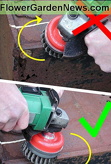Borstelharen van een staalborstel moeten over de rand van het werkstuk lopen Bristles of a wire brush should travel out over the edge of the workpiece
