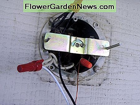 De draden werden voorbij de beugel gehaald om ze gemakkelijk aan het licht te verbinden. Merk op dat er drie draden in elke noot zitten; de twee in de doos zijn voor een extra lamp elders. The wires were brought out past the bracket for easy splicing to the light. Note that there are three wires in each nut; the two in the box are for an additional light located elsewhere.