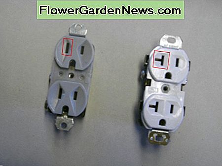 Synlig forskel mellem en 15-amp (grå, til venstre) og en 20-amp udgang (hvid, til højre); Bemærk slotformen cirkuleret i rødt. Visible difference between a 15-amp (gray, on left) and a 20-amp outlet (white, on right); note the slot shape circled in red.