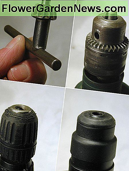 Met de klok mee vanaf de bovenkant: klauwplaatssleutel, spiebeugel, SDS-klauwplaat en sleutelloze klauwplaat (handvast). Clockwise from top: chuck key, keyed chuck, SDS chuck, and keyless chuck (hand-tightened).