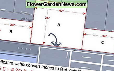 FĂŒr die sq.ft. von den Bereichen A & C, teilen Sie 34 durch 12 (4.24), teilen Sie 18 durch 12 (1.5), dann multiplizieren Sie: A & C sind 6.36 sq.ft. FĂŒr Bereich B: 47 mal 12 (3, 91) und 36 mal 12 (3) teilen, dann multiplizieren. B = 11, 73. Addiere alle drei: 4, 24 + 11, 73 + 4, 24 = 20, 21 Gesamtquadratmeter. For the sq.ft. of areas A & C, divide 34 by 12 (4.24), divide 18 by 12 (1.5), then multiply: A & C are 6.36 sq.ft. For area B: divide 47 by 12 (3.91) and 36 by 12 (3), then multiply. B = 11.73. Add all three: 4.24+11.73+4.24 = 20.21 total sq. feet.