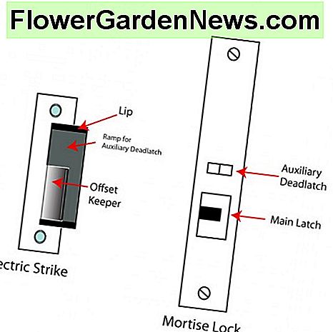 Links elektrischer Türöffner für Einsteckschloss. Rechts, Einsteckschloss. On left, electric strike for mortise lock. On right, mortise lock face.