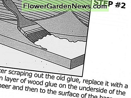 ขูดกาวเก่าออกและแทนที่ด้วยกาวไม้ขาวใหม่ระหว่างแผ่นไม้อัดและฐานไม้ Scrape old glue out and replace with new white wood glue between the veneer and wood base.
