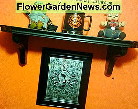 $ 30 Motorrad-Themen-Badezimmer. Geborgenes Regal, um die Sammlerstücke des Ehemanns zu halten. $30 motorcycle themed bathroom. Salvaged shelf to hold husband's collectibles.