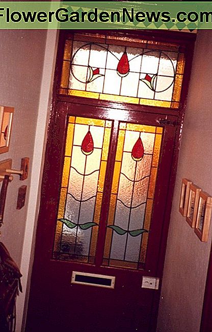 Išorinis durelių stiklas užsidega prieškambaryje. Stained glass in front door lights up the hallway.