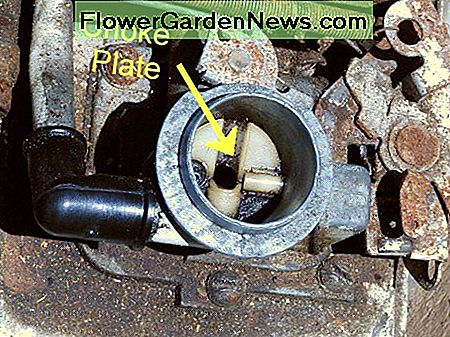 Carburateur luchtinlaat met smoorspoel (luchtfilter is verwijderd) op een kleine 3 1/2 HP Briggs en Stratton motor. Carburetor air intake showing choke plate (air filter has been removed) on a small 3 1/2 HP Briggs and Stratton engine.