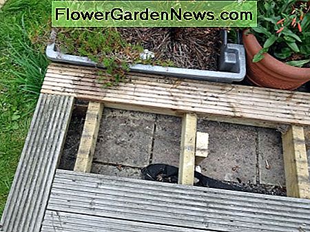 Du įtvarai pašalinti, kad būtų galima pasiekti kabelius ir sustiprinti sub-frame. Two decking planks removed to gain access for cabling and strengthening the sub-frame.