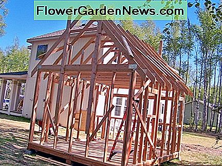 Die Dachbinder sind an Ort und Stelle und bereit für Abstellgleis und Fenster. The roof trusses are in place and ready for siding and windows.
