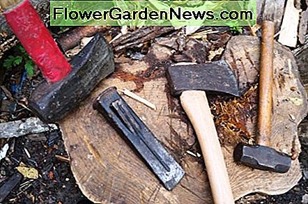 Die vier Hauptinstrumente, die ich gerne beim Holzschneiden verwende: (von links nach rechts) Spalten von Mau, Keil, Axt und Hammer. The four main tools I like to use in wood cutting: (from left to right) splitting maul, wedge, ax, and hammer.