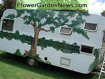 Die Rückseite des Lieferwagens mit seinem gemalten Garten. The back of the van with its painted garden.
