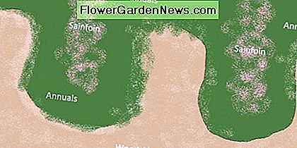 Keyhole gardens maximize accessible garden space. Planting sainfoin, or other nitrogen fixing perennials in the middle of each peninsula ensures continued fertility. All plants are planted in woodchips with compost. The path has no compost.