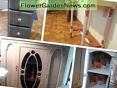 Here I have a small dresser for a child's room, a table I refinished for my daughter, the top portion of a china cabinet, and a small shelf which I backed with floral paper.